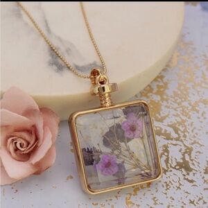 Gold Color Metal Purple Dried Floral Pendant Necklace Large